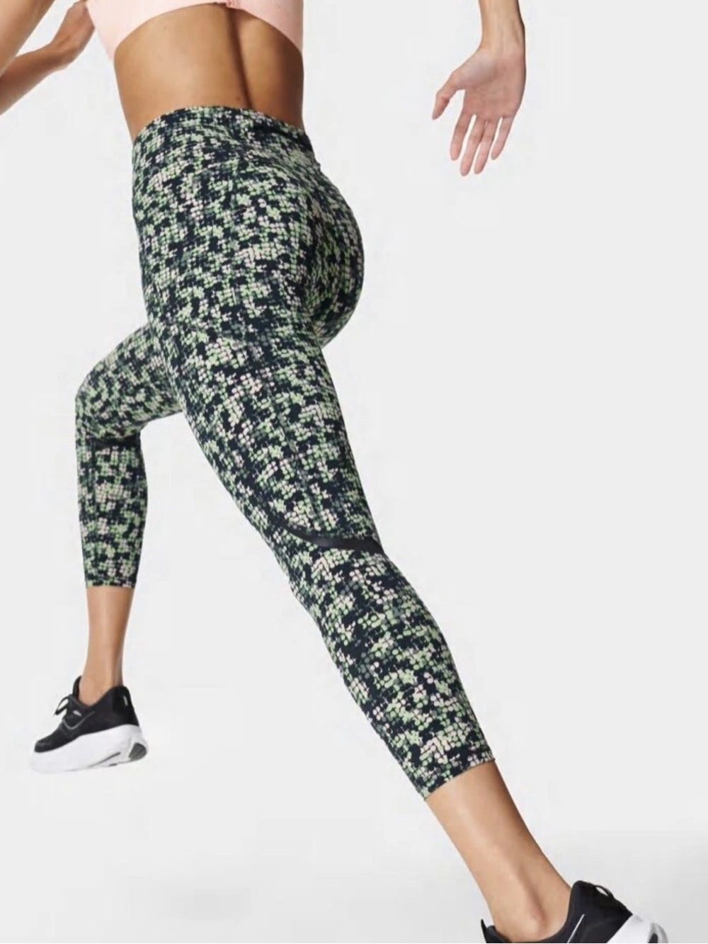 Zero Gravity High-Waisted 7/8 Running Leggings, Green SB Overlay Print, Size 0-2